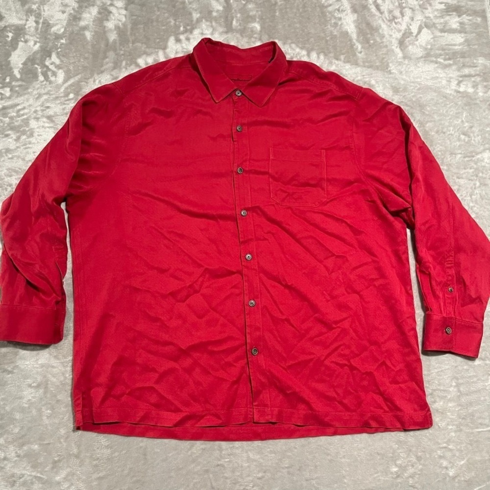 Tommy Bahama Shirt Mens 2XB Red Silk Wool Button Up Long Sleeve Casual Pocket